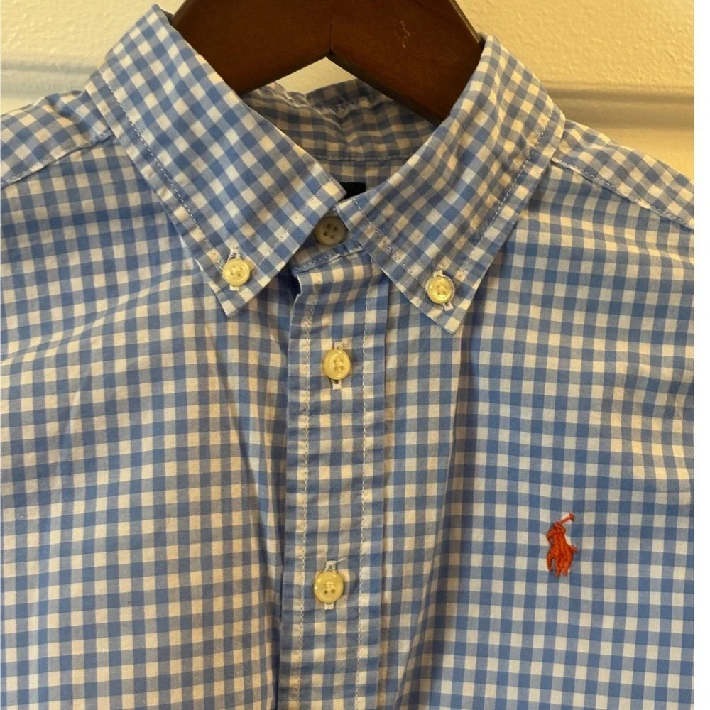 Ralph Lauren Kids Blue Gingham Cotton Button Down Shirt Size 5 Orange Pony